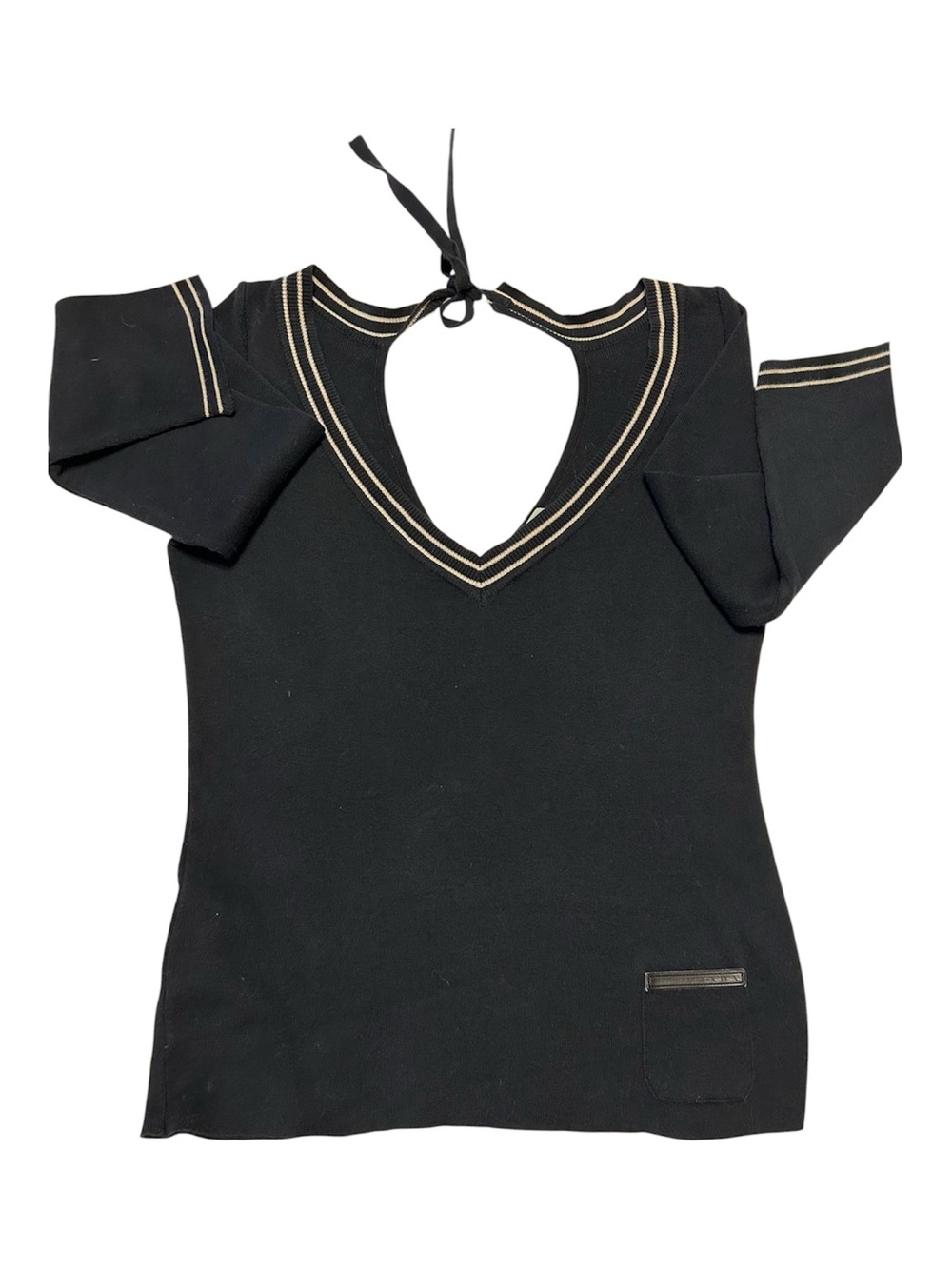 Prada Black Long Sleeve V-Neck Knit Top with White Trim